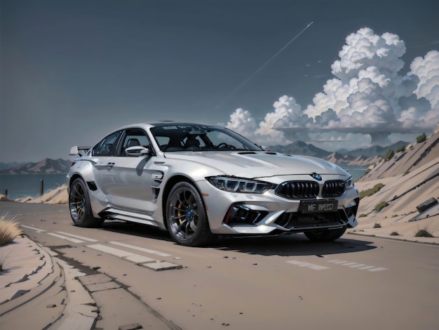 A silver bmw m5 is driving on a mountain road.