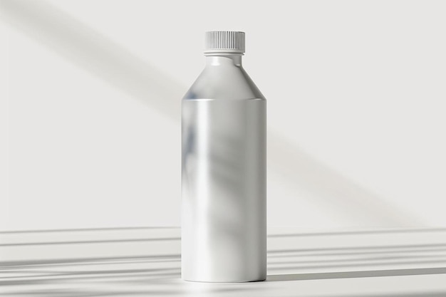 a silver bottle sitting on top of a table