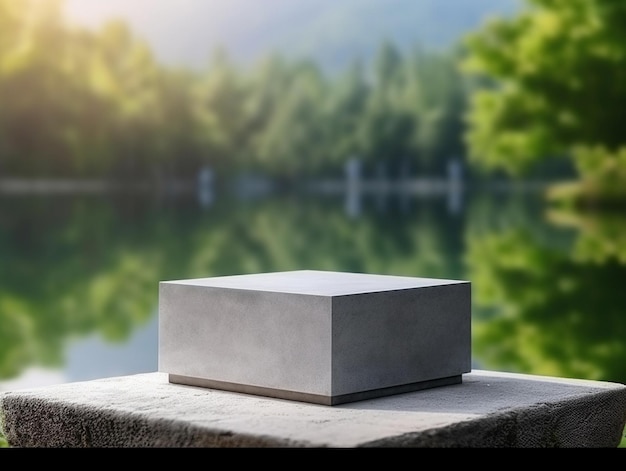 A silver box sits on a stone table in front of a lake.