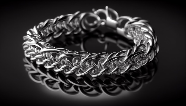 A silver bracelet on a dark background