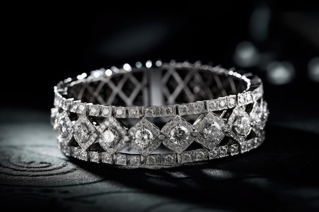 A silver bracelet with diamonds on it is on a black background.