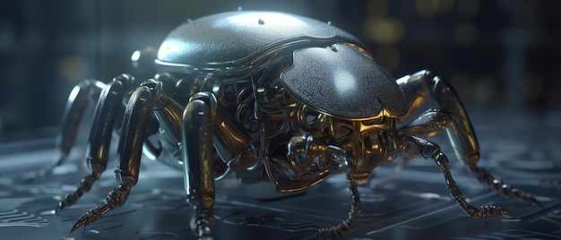 A silver bug sits on a table in a dark room.