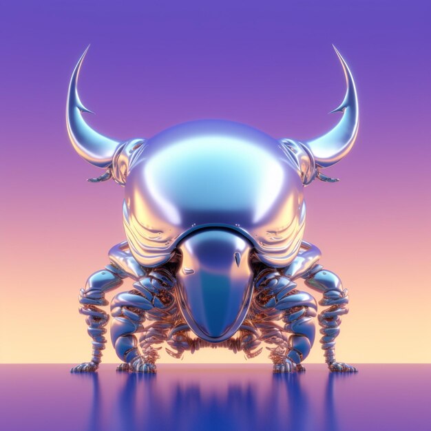 A silver bug with horns stands on a purple background