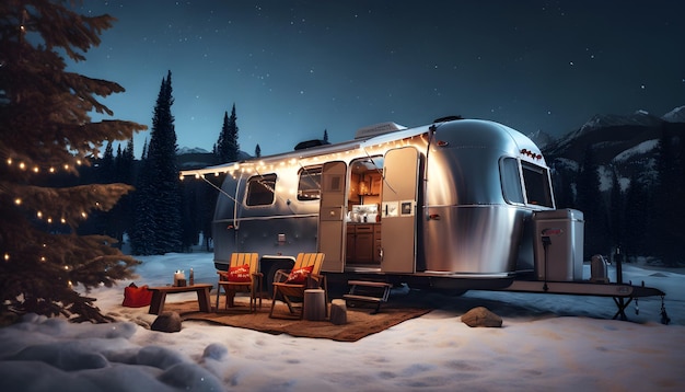 a silver camper van is parked in a snowy forest