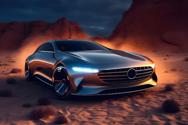 A silver car is in a desert at night.