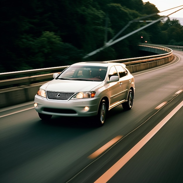 a silver car is driving down a road with the headlights on.