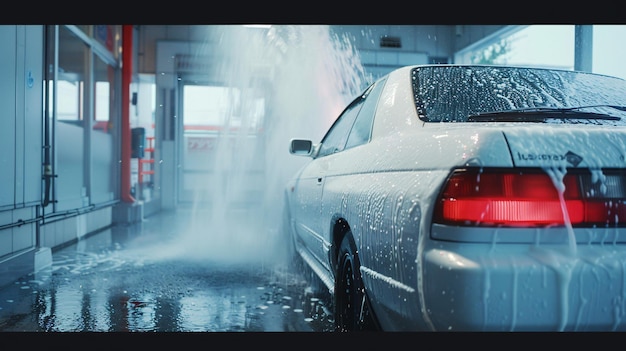 Photo a silver car is driving through a puddle of water