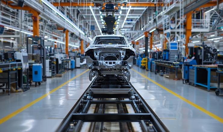 Photo a silver car is on the track in a factory