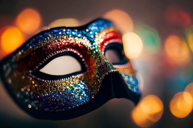 Серебряная карнавальная маска на фоне конфетти Generative AI