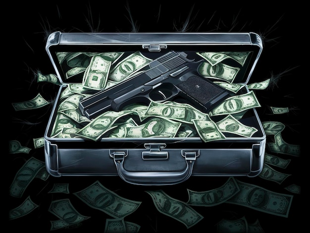 Photo silver case with money and gun on black background