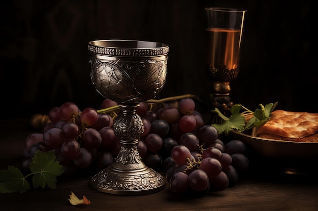 A silver chalice and a bowl of grapes sit on a table.