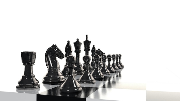 Group Of Chess Pieces Stand On A Black Chessboard Background, 3d