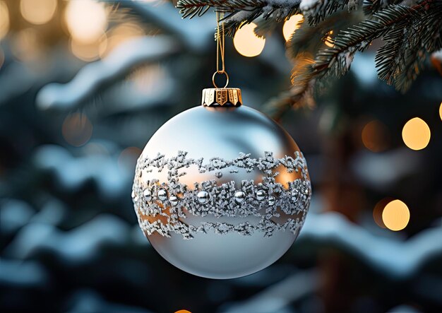 Silver Christmas ball on a fir branch close up festive Christmas card