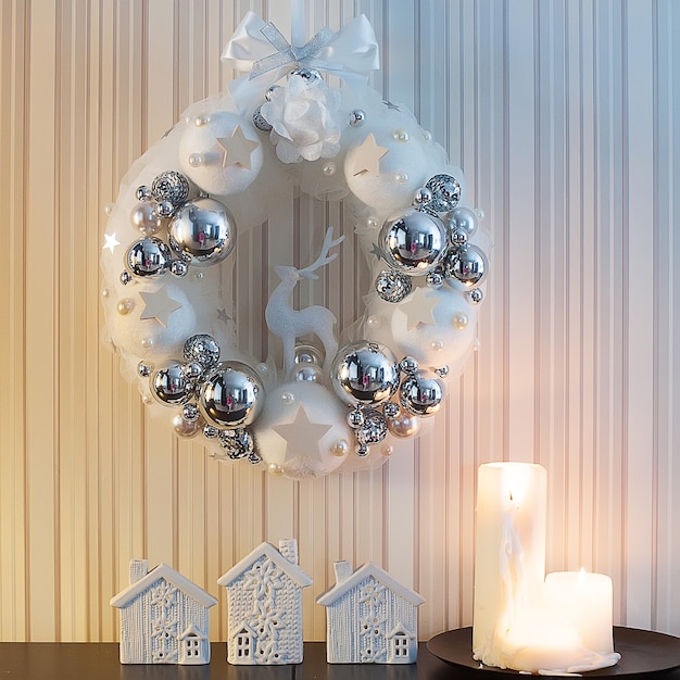 Photo silver christmas wreath with decorations, candles and lodges