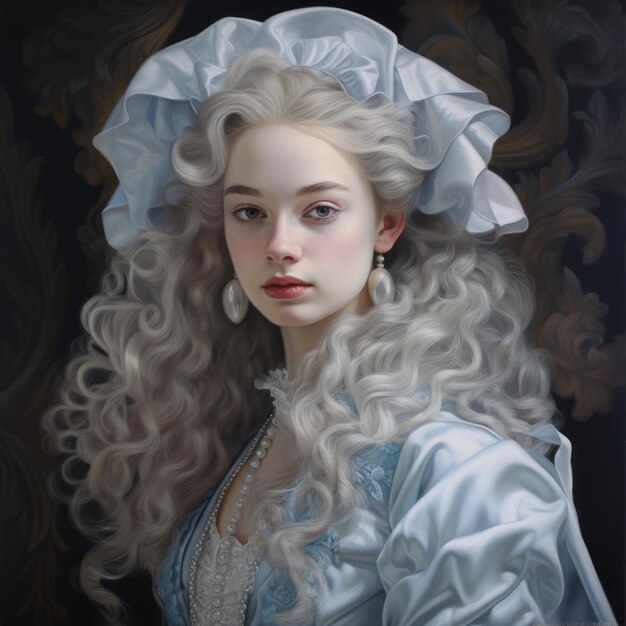 Silver Close Up Portrait Rococo Pastel Painting Of A White Girl With Large Hair