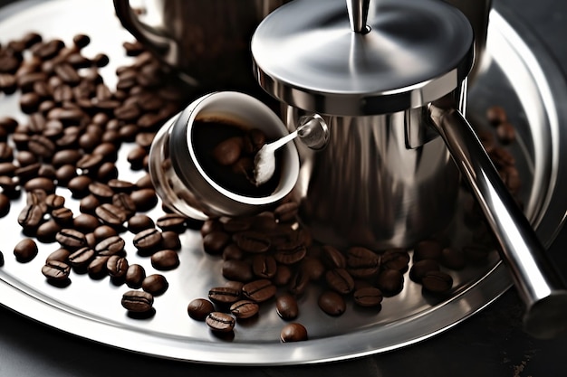 コーヒー豆が乗ったシルバーのコーヒーポットと、コーヒーポットが乗ったシルバーのプレート。