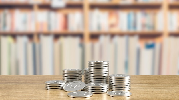 The silver coins on wood table for business concept 3d renderingxA