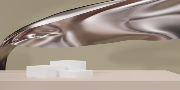 Фото Подиум серебристого цвета на серебряной ткани летящей волны роскошный фон для брендинга и презентации продукта 3d рендеринг иллюстрации