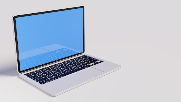 Silver colored laptop with black keyboard on white stage 3d rendering