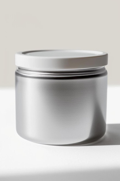 a silver container with a white lid on a table
