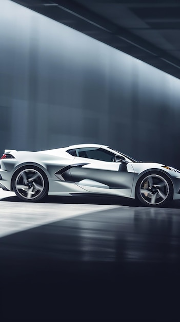 A silver corvette is parked in a dark room.