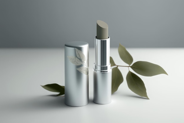 silver cosmetic tube lipstick with a leaf on the side on light background Generative AI