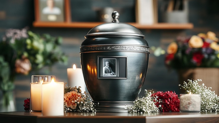 Photo a silver cremation urn with a photo of the deceased surrounded by candles and flowers
