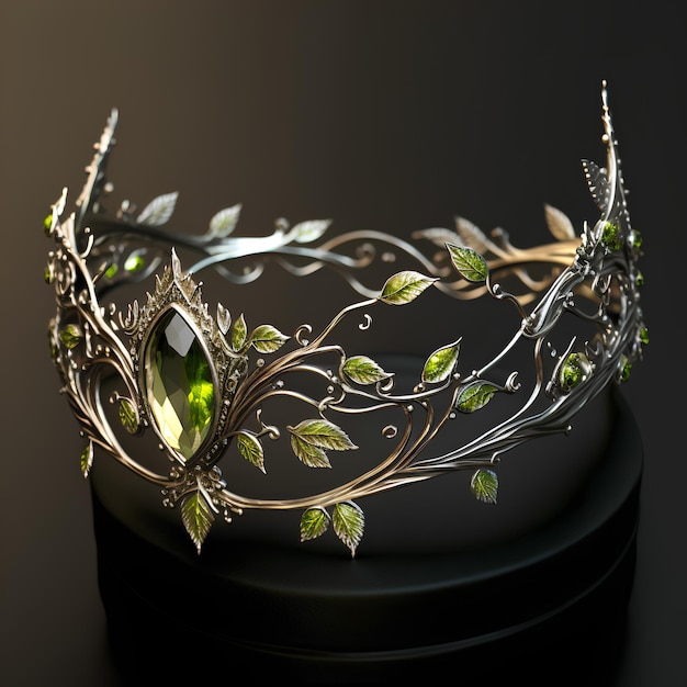 A silver crown with green leaves and a leaf design on it.