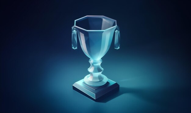 Silver cup on blue 3d trophy cup Glass trophy of the winner isometric 3d 2d trophy in isometric view