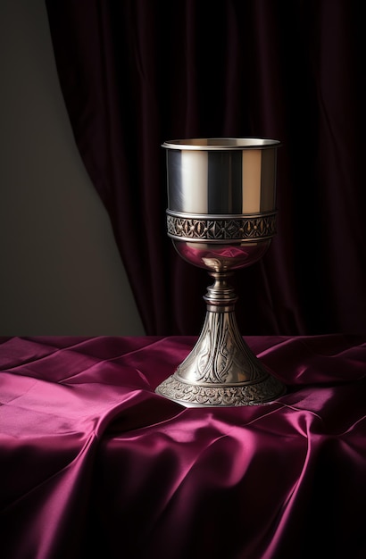 A silver cup on a purple cloth