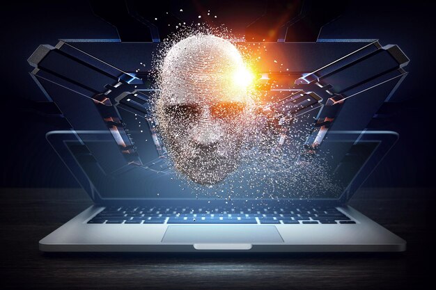 Silver digital head, artificial intelligence concept