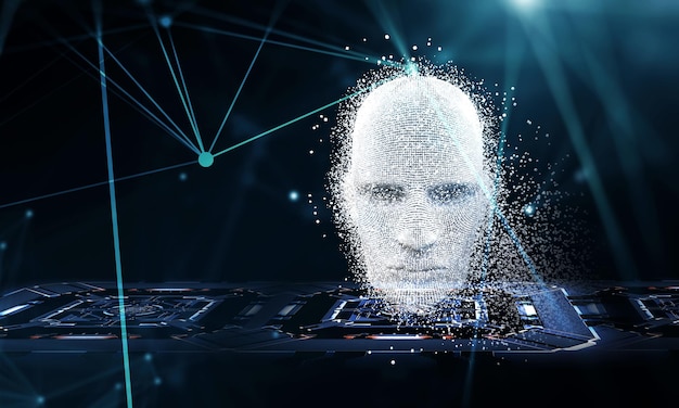 Silver digital head, artificial intelligence concept