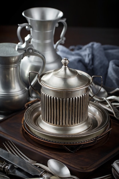 Silver dishes on old surface