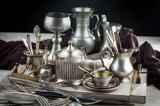 Silver dishes on old surface