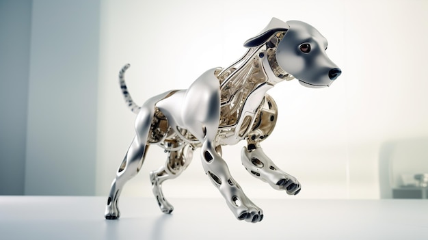 Серебряная фигурка собаки на столе генеративное изображение ai