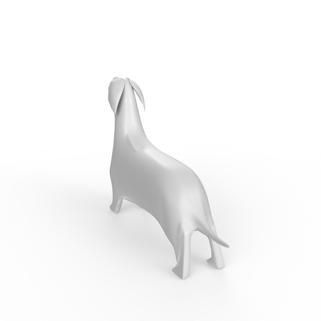 A silver dog statue with a white background.