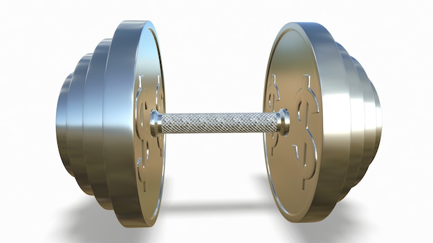 白い背景の上のドル記号と銀のダンベル3drendering