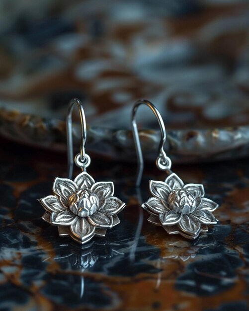 Photo silver earrings with minimalist lotus flower background