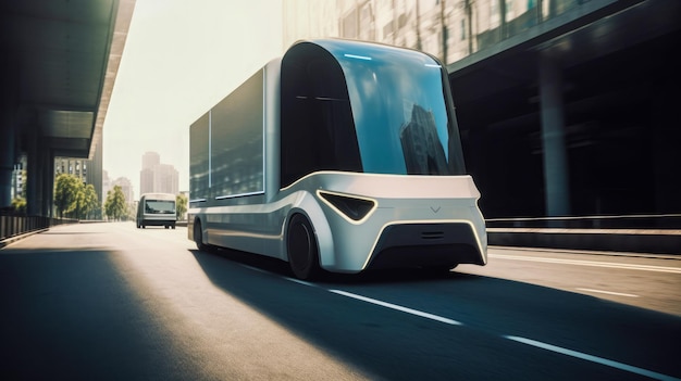 A silver electric vehicle on a highway with a city in the background.