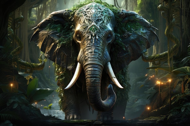 Silver elephant in exotic forest adorned with ancestral symbols generative IA