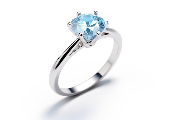 Серебряное обручальное кольцо с голубым аквамаринным драгоценным камнем на белом фоне