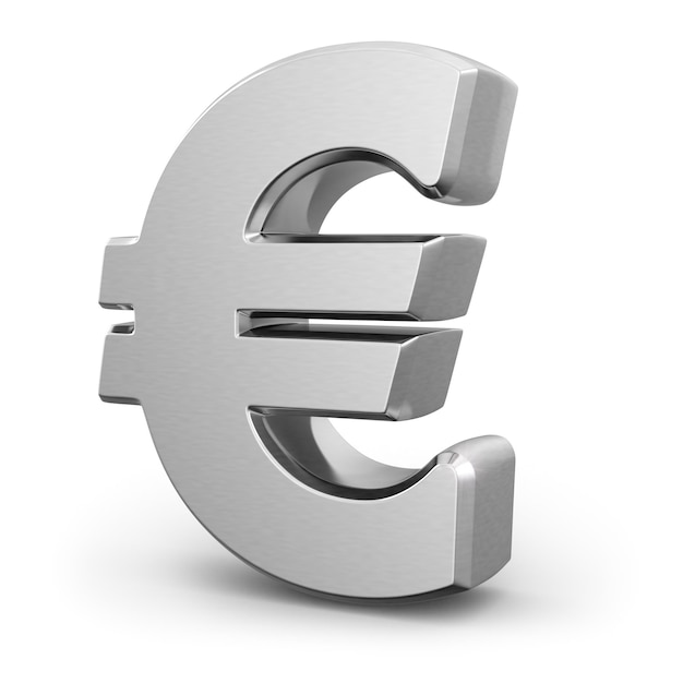 Silver euro currency sign on white isolated background. 3d