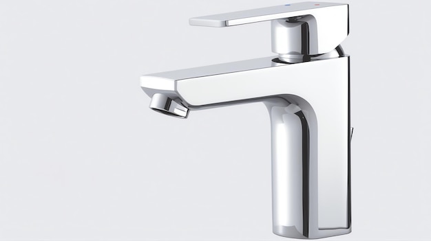 A silver faucet with a white background