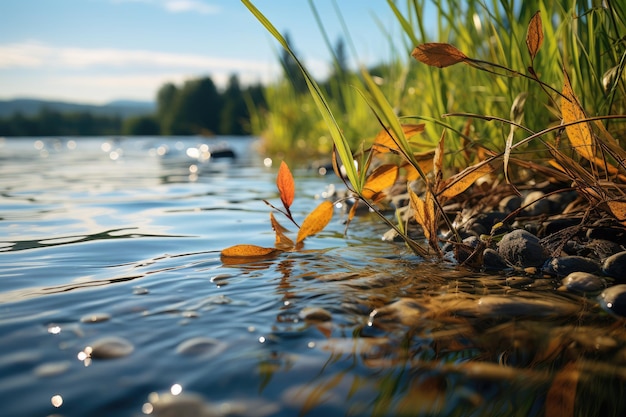 Silver fish nothing between aquatic plants in a serene lake generative IA