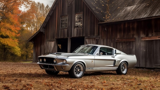 A silver ford mustang sits in front of a barn.