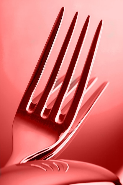 Photo silver fork on gray background reflected in the spoon