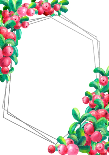 Серебряная рамка с акварельными цветами и клюквой
