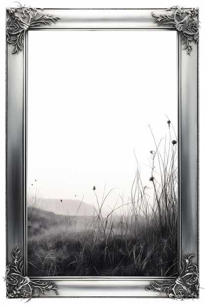 a silver framed picture of a field with a mountain in the background