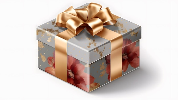 A silver gift box with a gold ribbon and a flower on it.
