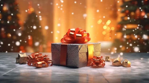 A silver gift box with a red bow sits on a table with a christmas tree in the background.